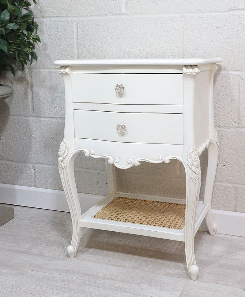 French Style White Bedside Table Rattan Crystal Handles
