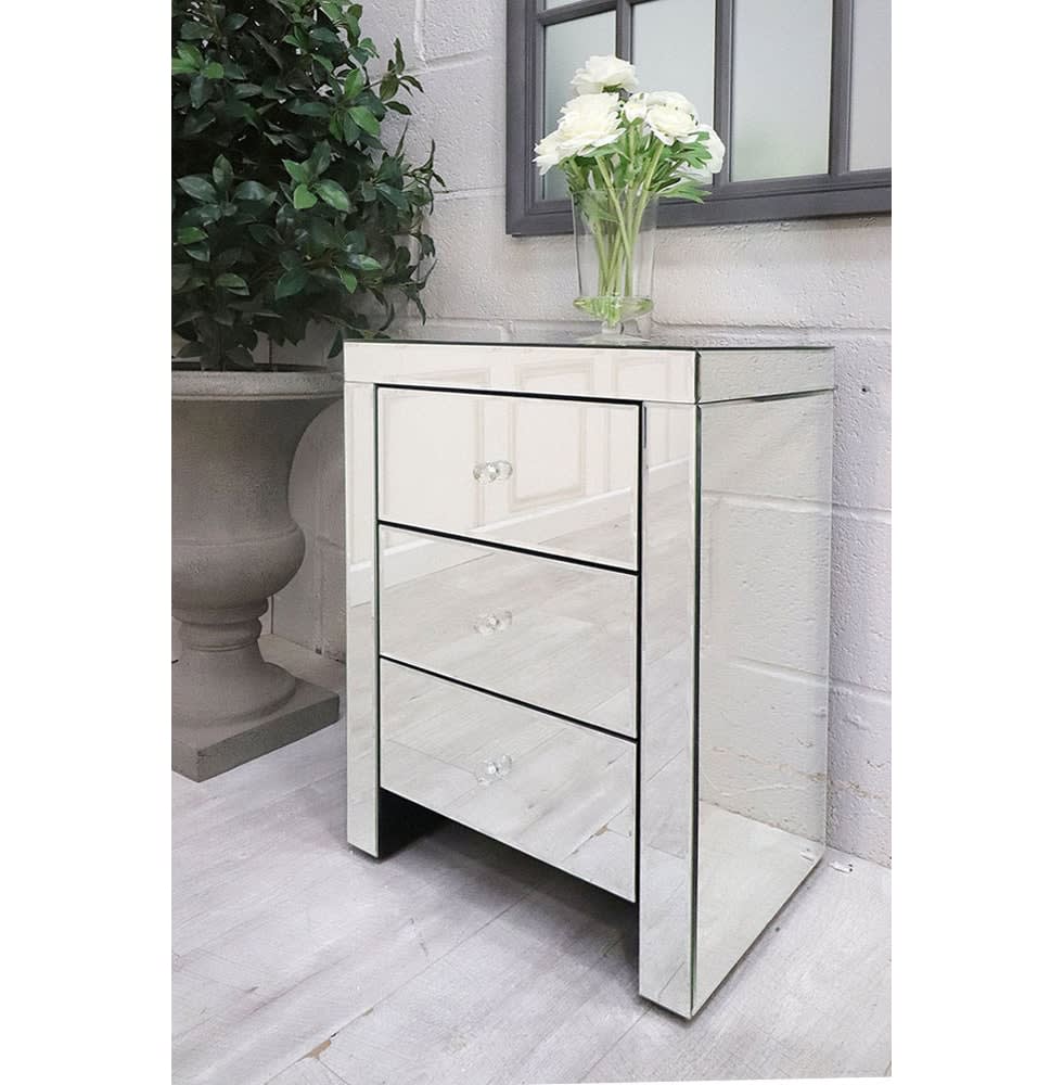 Mirrored Glass 3 Drawer Bedside Table
