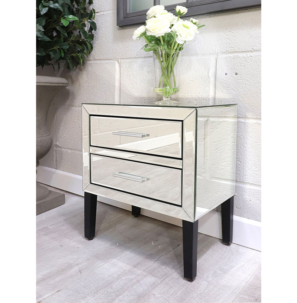 Mirrored Glass 2 Drawer Bedside Table