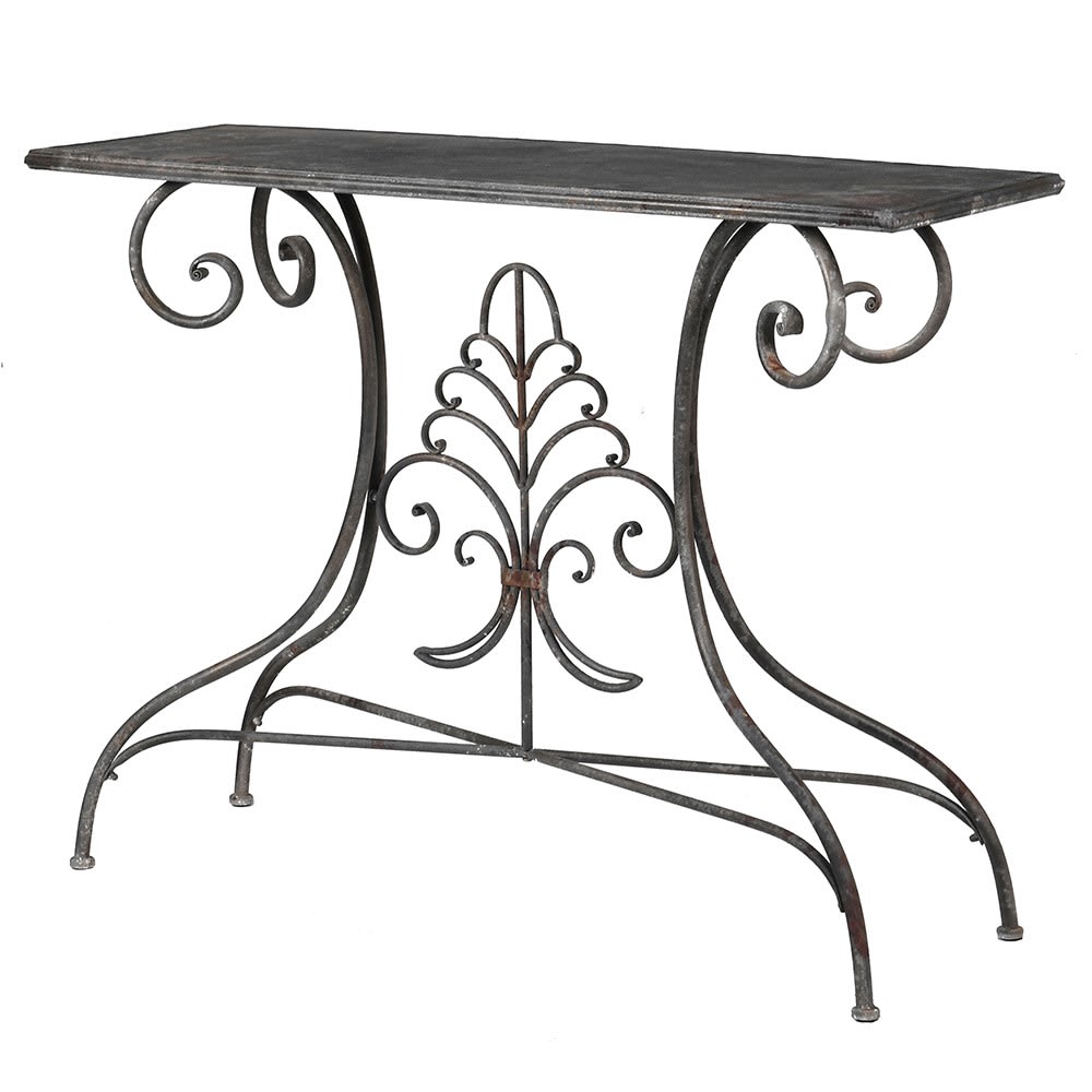 Black iron hall table with ornate swirls