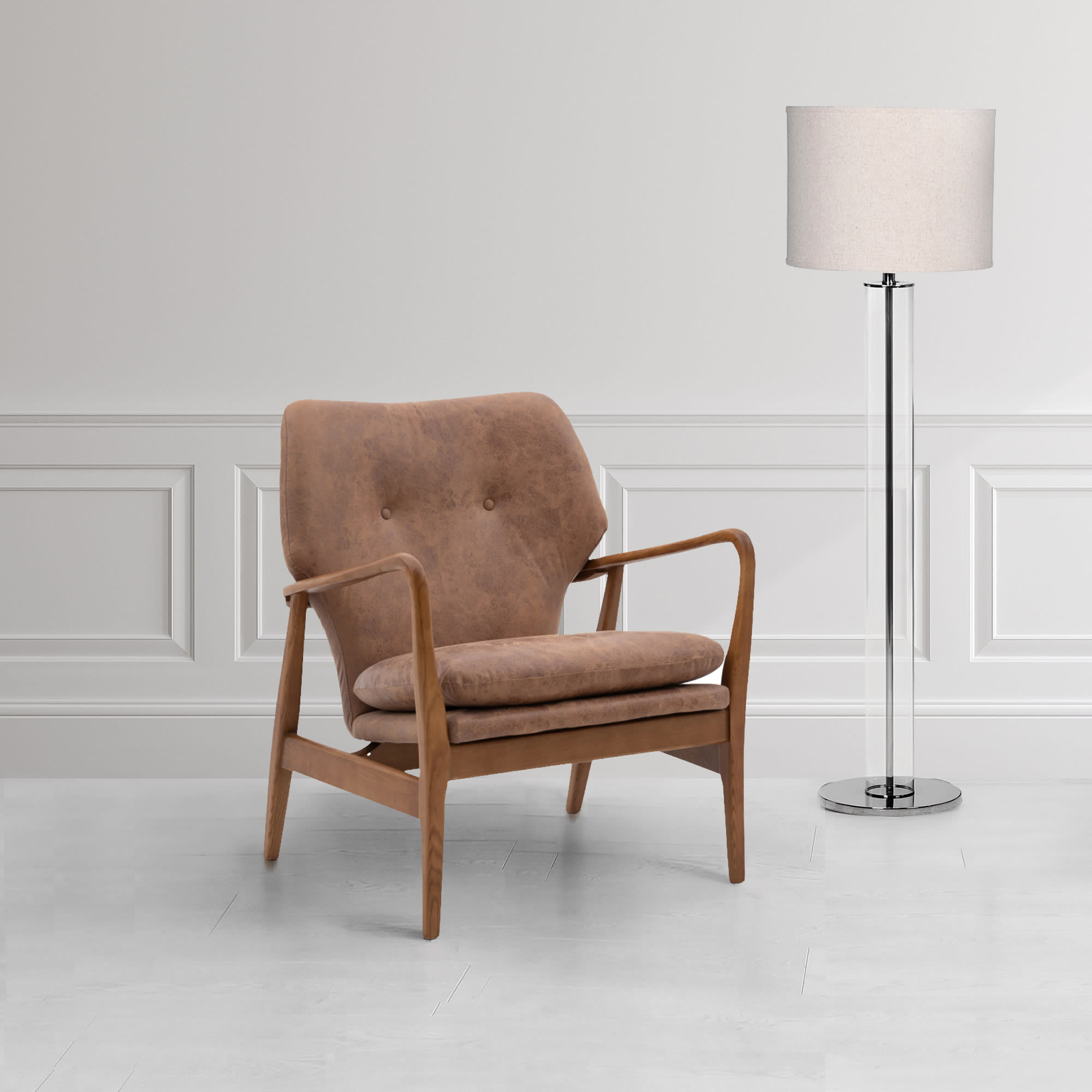 Hughes Brown Leather Armchair with Wooden Frame