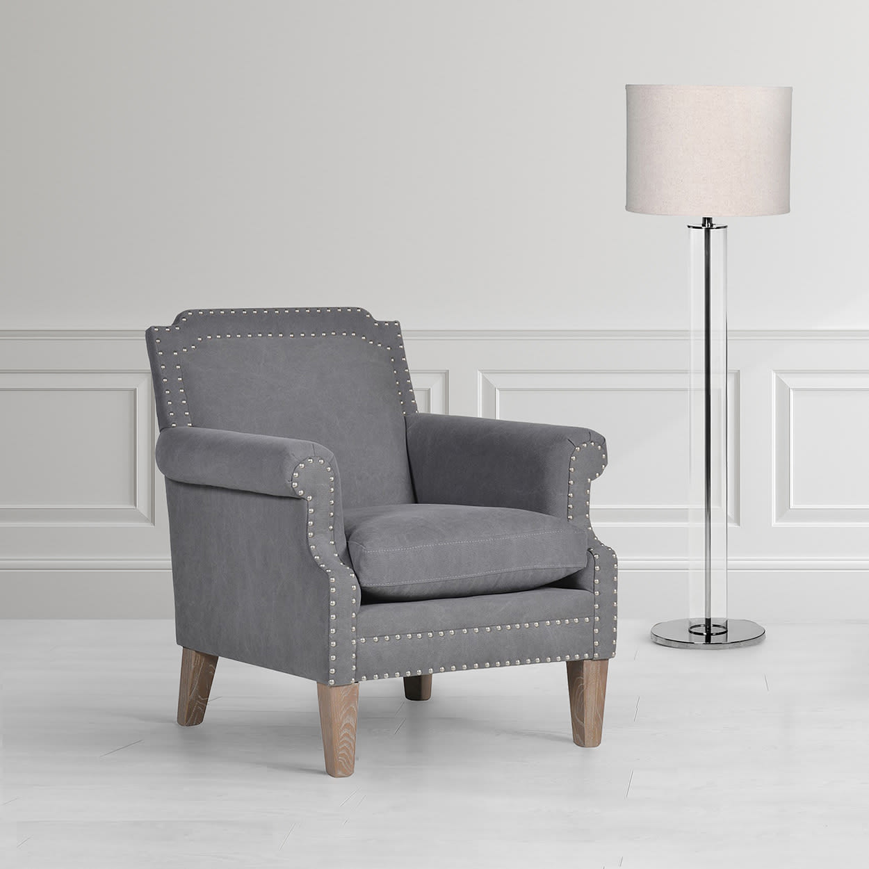 Plain Grey Cotton Fabric Armchair with Studs