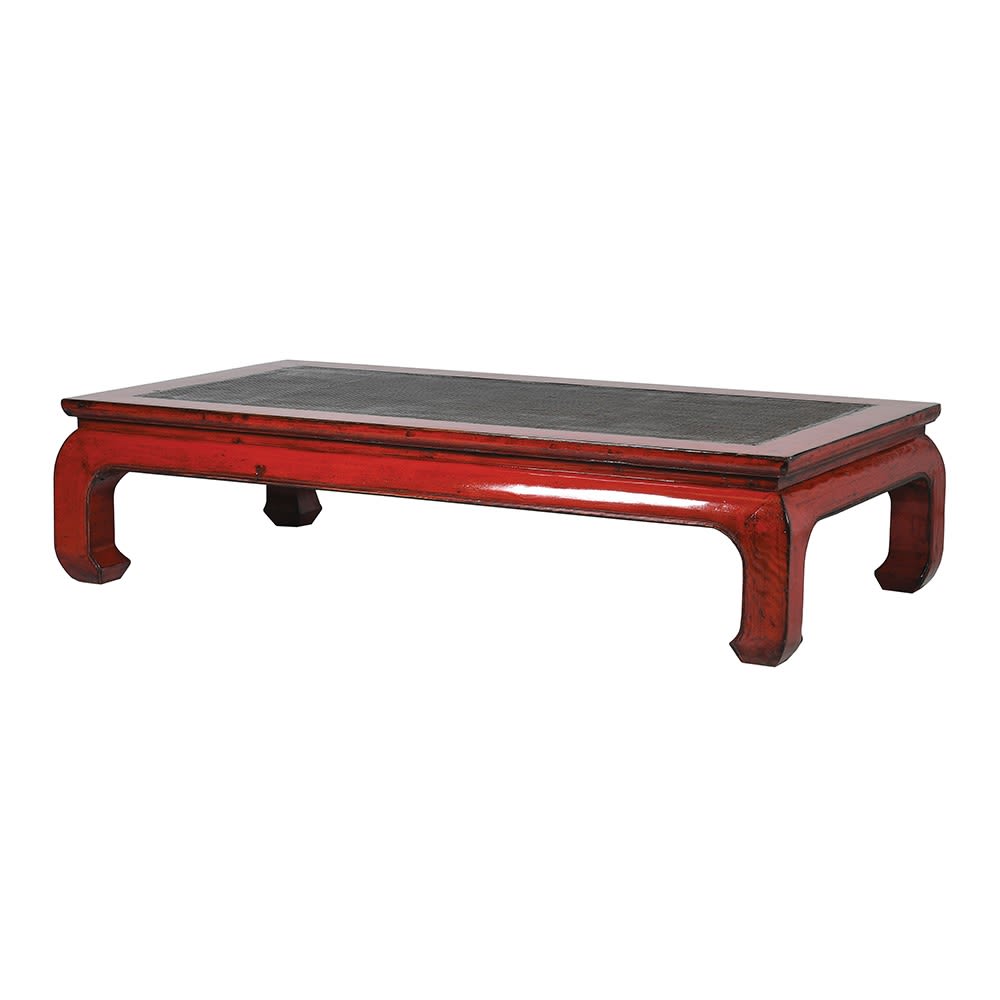 Oriental Style Red Coffee Table with Rattan Top