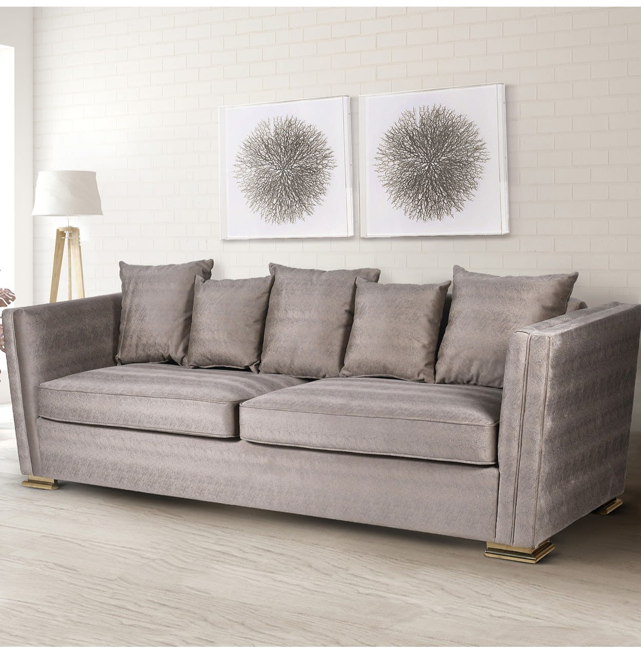 Taupe Beige 3 Seater Fabric Sofa with Gold Feet