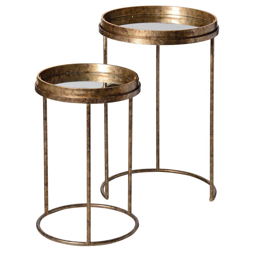 Set of 2 Golden Marble Mirrored Top Tray Tables