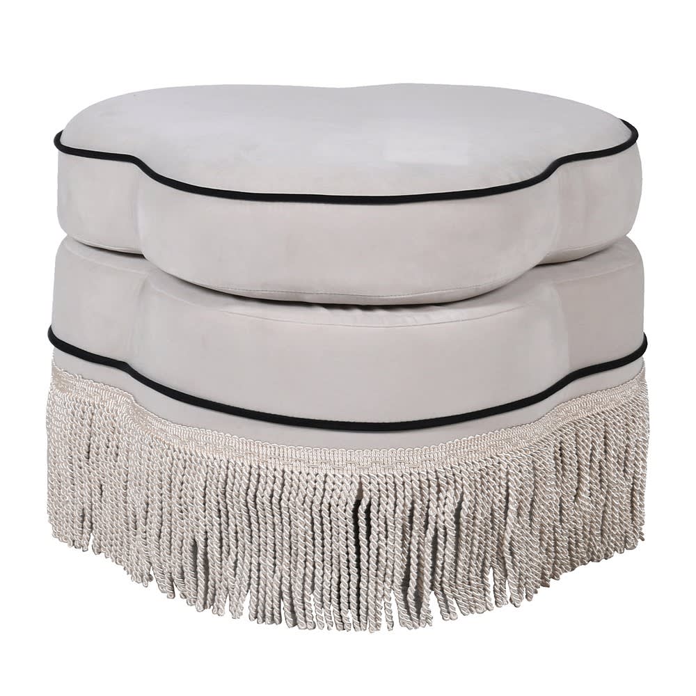 White Piped Edges Curved Ottoman with Fringe