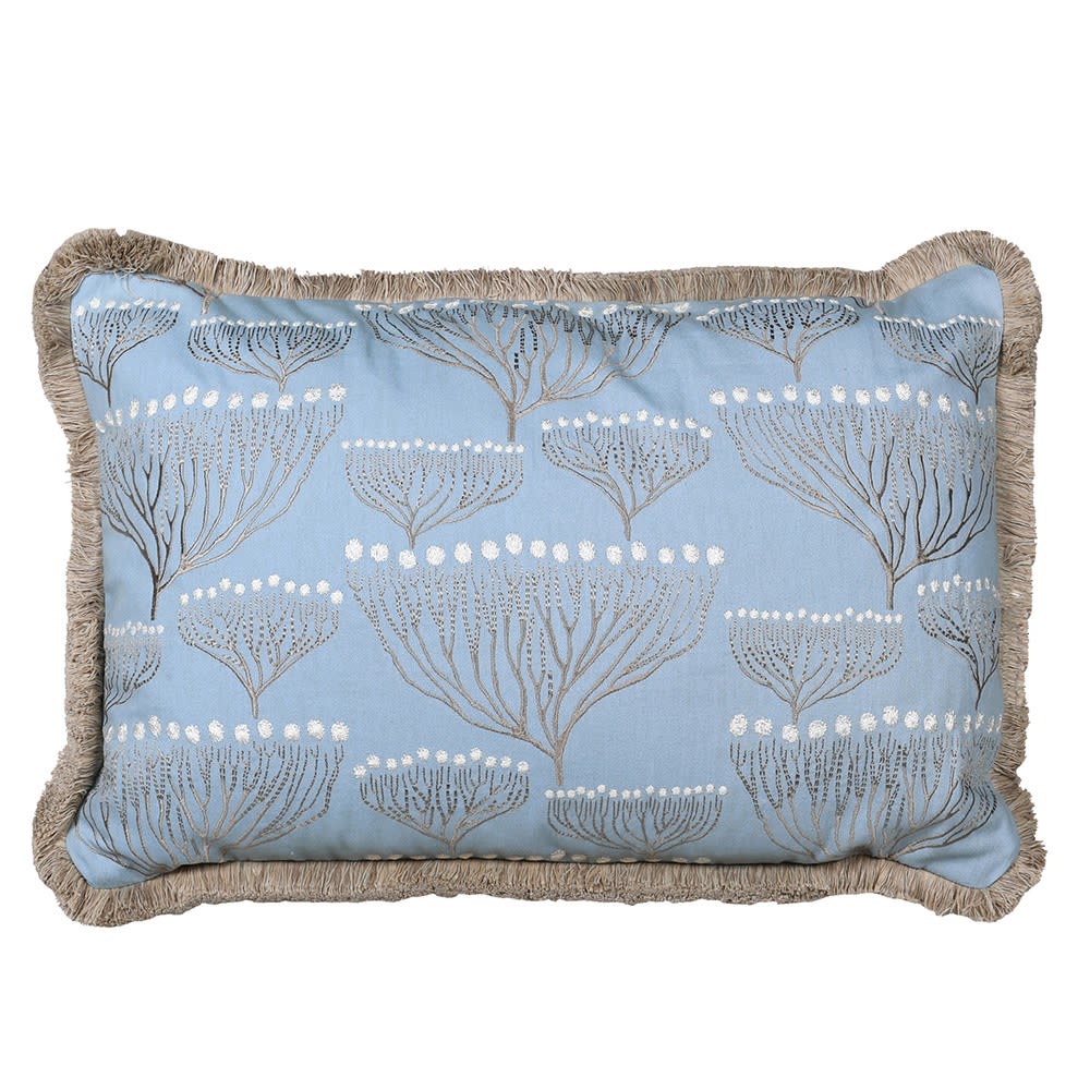 Blue Lace Patterned Cushion with Fringe