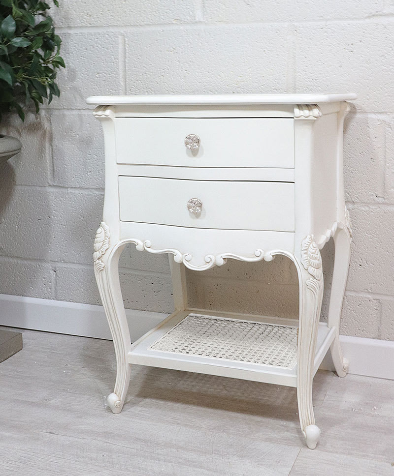 French Style White Bedside Table Crystal Handles White Rattan