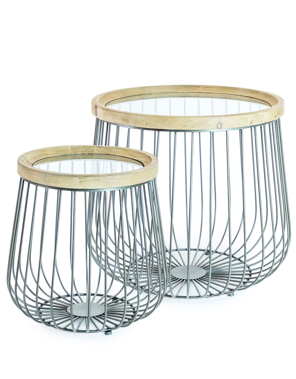 Set of 2 Glass Top Iron Basket Side Tables