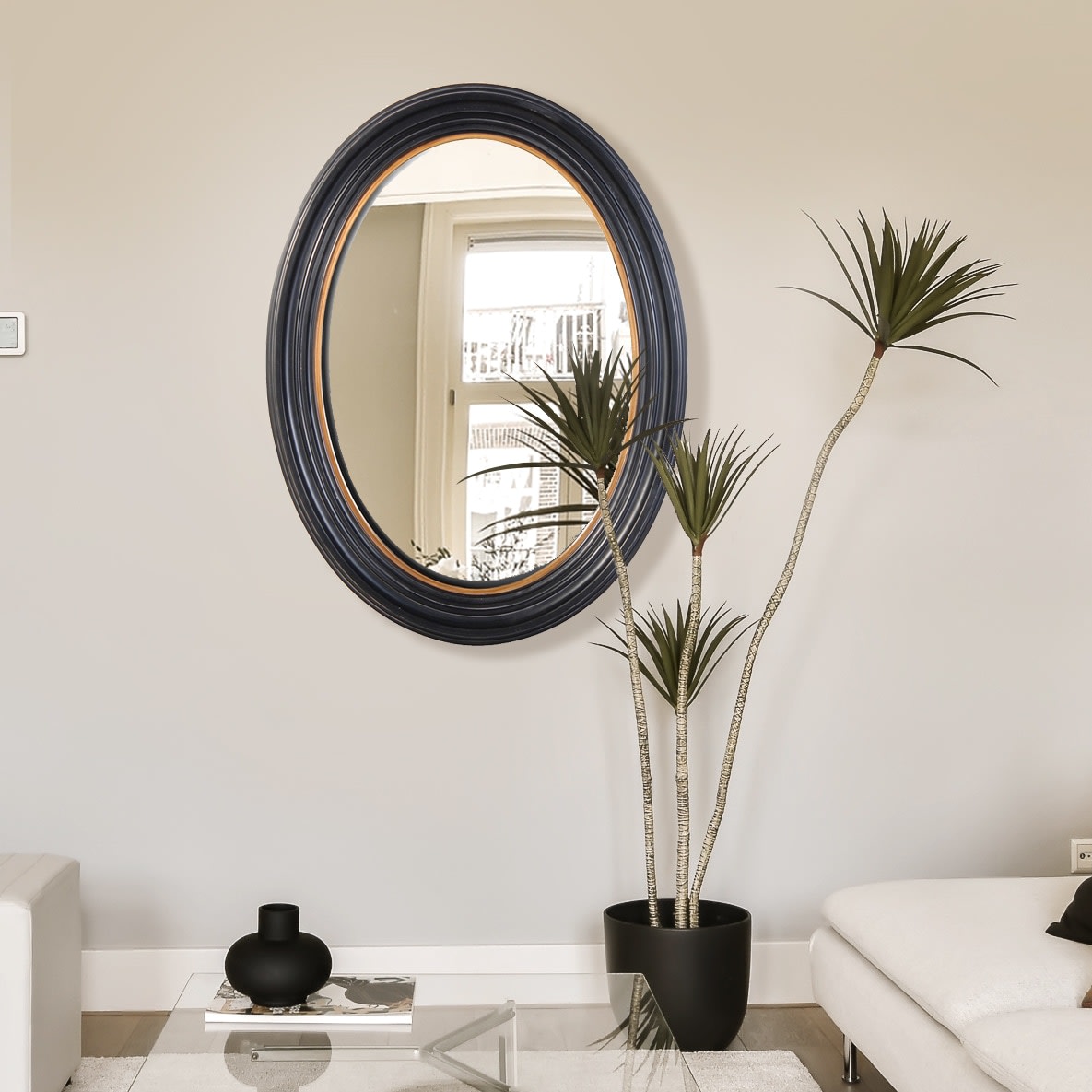 Oval Black and Gold Bordered Wall Mirror