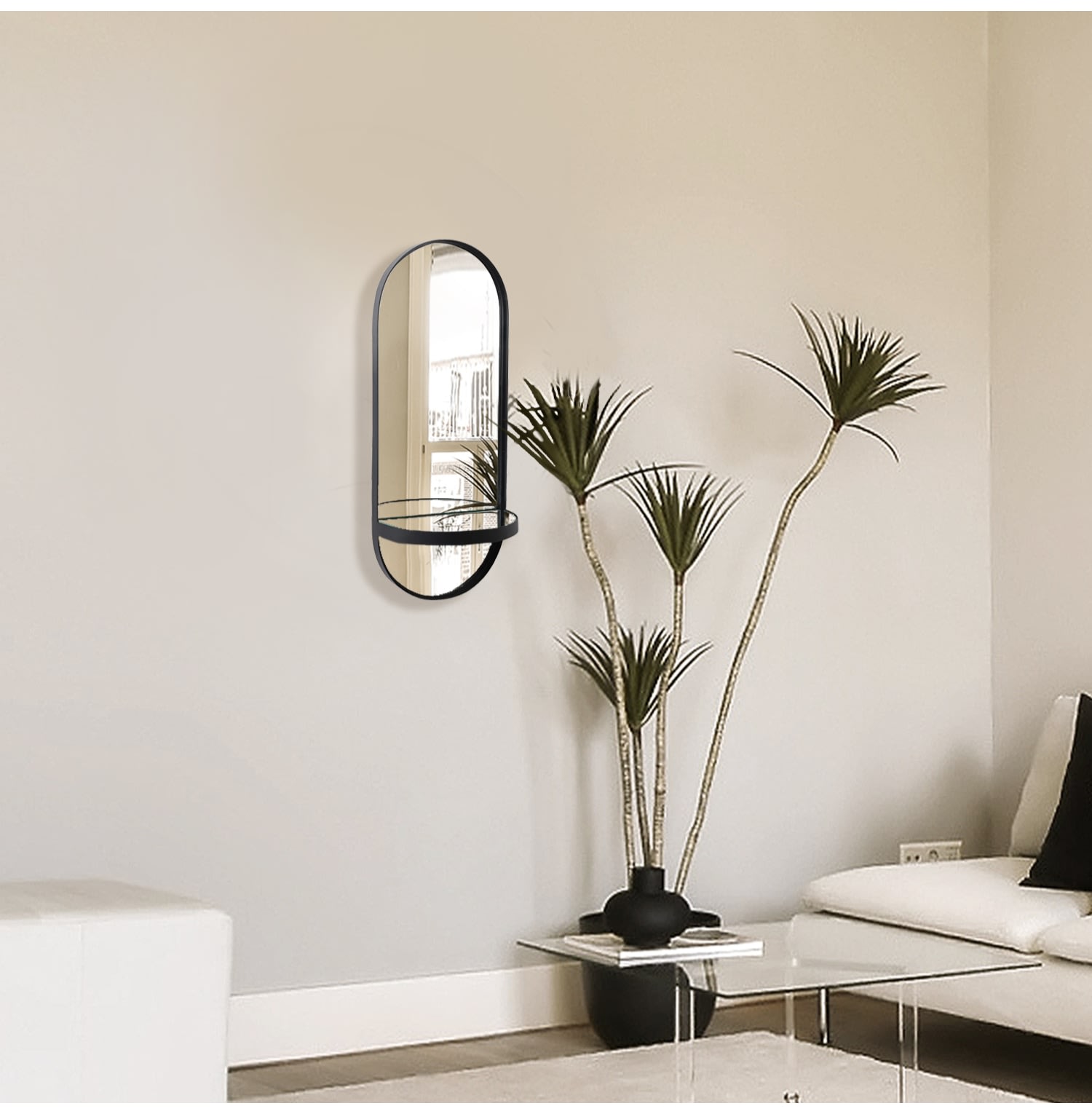 Black Oblong Wall Mirror with Shelf