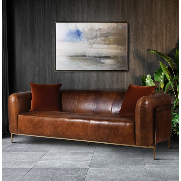 Gold and Brown Leather 3 Seater Sofa