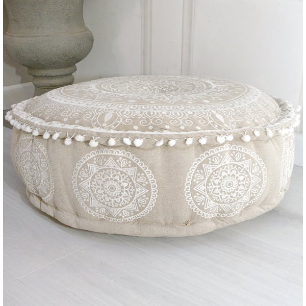 Natural Embroidered Pouffe with Pompom