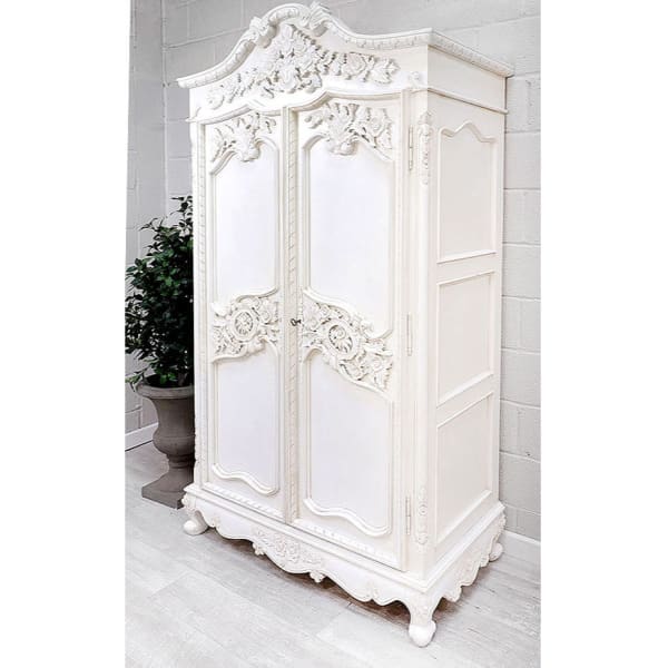 French Style White Heavy Carved Armoire Wardrobe