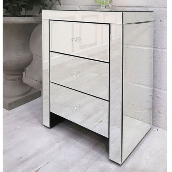 Mirrored Glass 3 Drawer Bedside Table