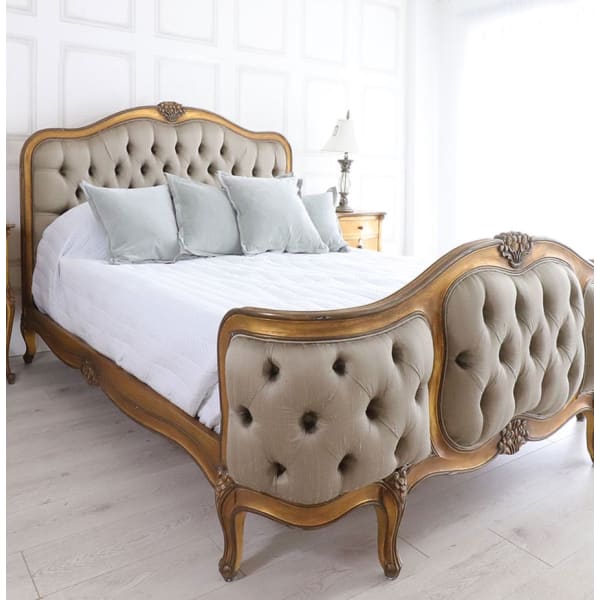 French Style Gold Gilt Upholstered Curved Footboard Bed (5ft/6ft)