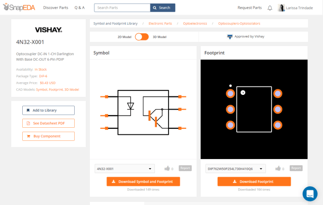 One of the PCB parts available in SnapEDA’s database. The site supplies information, ratings, and auto-verification for each of its components. (Image courtesy of SnapEDA.)