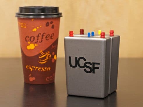 The artificial kidney will be roughly the size of a coffee cup and powered by the pumping of the body’s own blood. (Image courtesy of UCSF.)