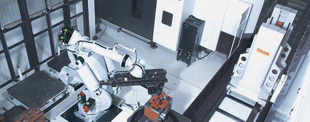 Many of Mazak's automation products are can be paired with conventional, articulated robot arms. (Image courtesy of Mazak.)