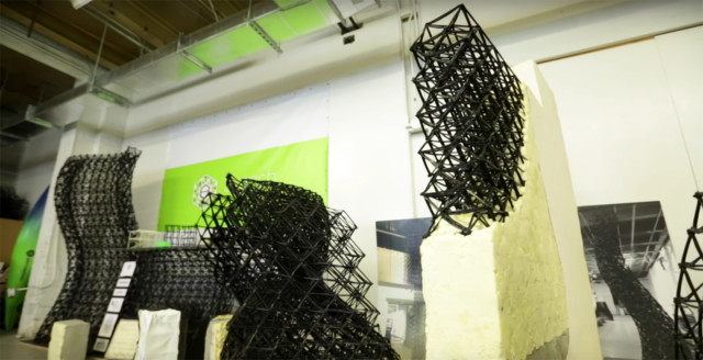 The 3D-printed interior scaffolds can be sprayed with low-cost building materials for greater structural integrity. (Image courtesy of Greater Chattanooga/YouTube.)