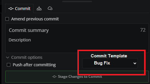 Creating Multiple commit templates - Bug Fix, Release, New Feature, etc ...