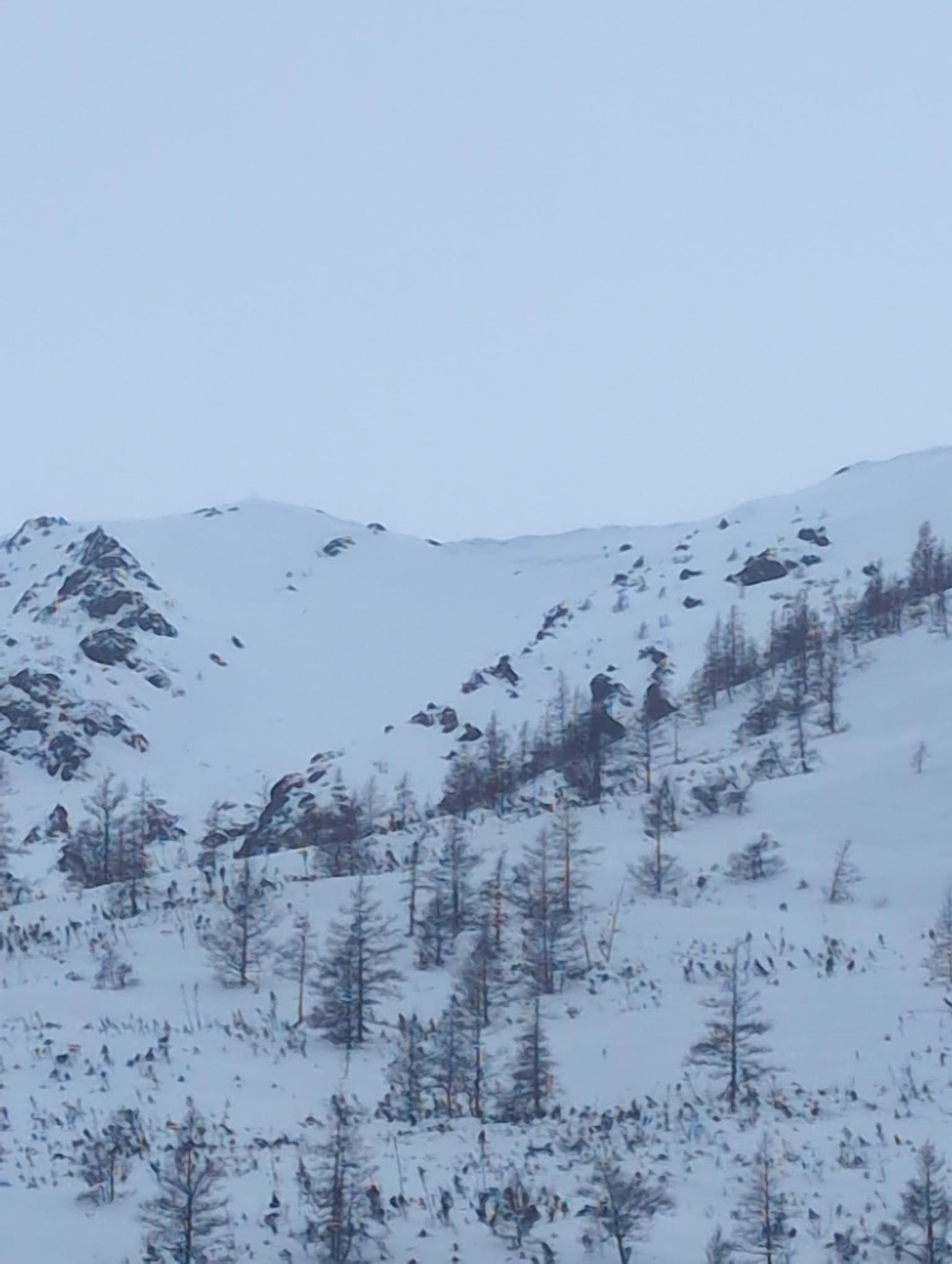 Une couronne d'avalanche observée à distance dans la coulée des Mélèzes. 