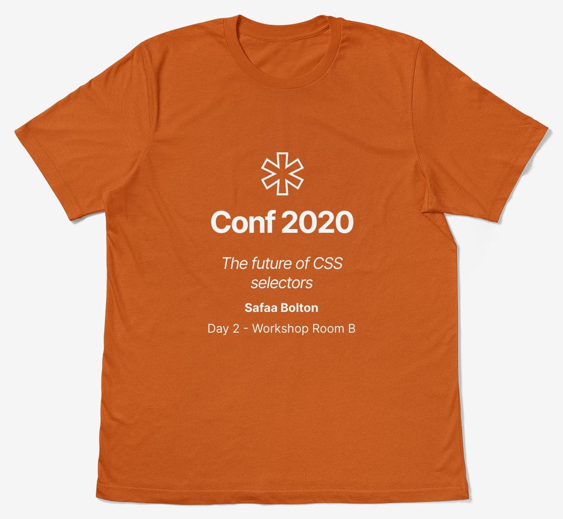 A t-shirt design with the the speaker name, talk title, talk day number and talk location populated with the data from the query string