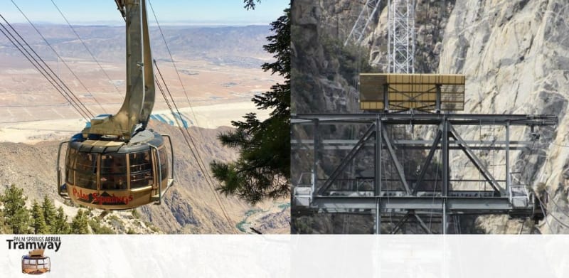 Description: The image is a split-view photograph showcasing two different aspects of the Palm Springs Aerial Tramway. The left side of the photo captures an enclosed cable car with large windows suspended by cables, making its way up a steep incline with a scenic vista in the background. It offers stunning views of the desert floor stretching out below, with sparsely dotted greenery, under a clear blue sky. On the right side of the image, there is a close-up of the cable system's infrastructure, revealing a robust, grey steel truss tower positioned against a rugged cliff face. The tower supports a cube-shaped yellow structure that appears to be a part of the cable mechanism.

At FunEx.com, we are committed to bringing you the joy of adventure with the comfort of savings; discover the thrill of the Palm Springs Aerial Tramway at the lowest prices when you purchase your tickets with us.