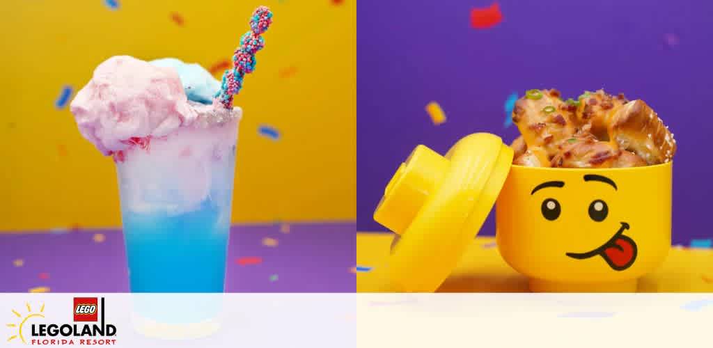 A colorful drink with cotton candy and a candy stick on the left, and cheese pretzel bites in a Lego head container on the right.