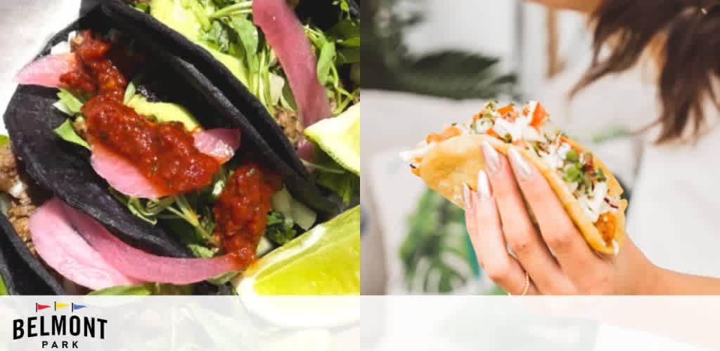 Close-up of black corn tacos with fillings and a person holding a taco.