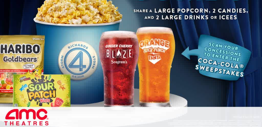 AMC Theatres concession promotion featuring popcorn, candies, and beverages with a sweepstakes invitation.
