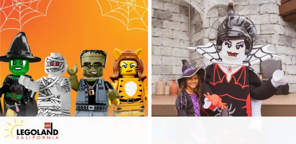 LEGO figurines in Halloween costumes and a child with a life-sized LEGO vampire character.