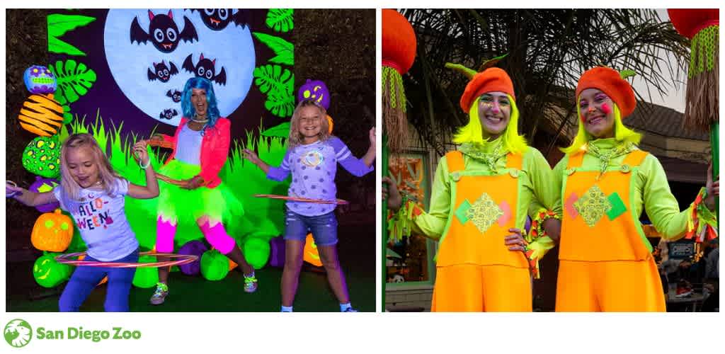 Two children and an adult hula hooping in neon costumes at a Halloween-themed event; two performers in bright orange costumes holding props.