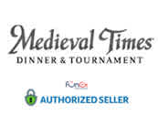 The image shows the Medieval Times Dinner & Tournament logo in stylized script against a light background. Below it, the Funex logo is displayed, indicating that Funex is an authorized seller. Additionally, there's a green padlock icon with a checkmark signifying secure and verified authorization.