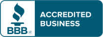 Image displaying the logo of the Better Business Bureau (BBB) which signifies accreditation. The design features the recognizable BBB torch in white within a dark blue, vertically oriented rectangle to the left. Next to it, a larger light blue rectangle contains the words 'ACCREDITED BUSINESS' in white uppercase letters.