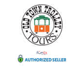 Logo for Old Town Trolley Tours within a circular seal design, featuring an orange and green trolley car. Below, a badge with the text 'Authorized Seller' beside a small green check-mark. The backdrop is white.