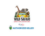 The image features a colorful logo for Wild Safari with stylized text. Above a yellow car, a grey elephant and a brown giraffe poke their heads out, suggesting an adventurous drive-through safari experience. Below, a badge certifying 'Authorized Seller' is displayed, highlighting the official status on the platform.