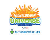 The image features a colorful logo for Nickelodeon Universe with a burst of orange rays in the background. Below it, text indicates it is part of the American Dream. There is a green check mark alongside text that states Authorized Seller. A small logo for FunEx is also present.