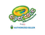 The image shows the Crayola Experience logo with a colorful design featuring the brand name in stylized text. Below the main logo, there is a badge that states 'Authorized Seller'. The logo uses bright green, yellow, and purple hues to convey a playful and creative vibe. The background is white.