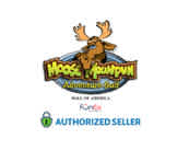 Image shows a logo featuring a cartoon moose with the text 'Moose Mountain Adventure Golf' arched above. Below is a tagline 'Fun for everyone!' and a signifier 'AUTHORIZED SELLER' with the FunEx brand logo. The design conveys a playful and family-friendly atmosphere for a mini-golf experience.