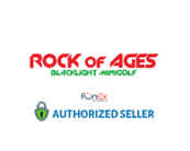 Logo for Rock of Ages featuring red and green text above the FunEx logo with the caption Authorized Seller, suggesting ticket availability through FunEx.