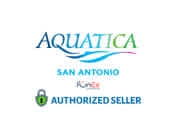 The image displays the logo for Aquatica San Antonio, featuring stylized aquatic waves above the text. Below the park name, there's a seal indicating Funex.com as an authorized seller. The color scheme includes shades of blue and green to evoke water themes.