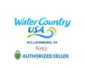 Logo featuring the text Water Country USA with a stylized blue wave above it. Below, it reads Williamsburg, VA, and the Funex logo with a check mark and text Authorized Seller. The background is white.