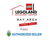 This image features logos and text indicating a partnership between FunEx.com and LEGOLAND Discovery Center Bay Area. At the top left, the red and white LEGOLAND logo is prominent with the word "DISCOVERY CENTER" beneath it in black. Below that, in bold red lettering on a white background, is written "BAY AREA" with a red scribble design beneath, resembling a child's drawing. On the lower half, a green padlock graphic with a smiling face contains the word "FunEx", and below it, in a green banner, the words "AUTHORIZED SELLER" are clearly visible in white capital letters. This image signifies that FunEx.com is an approved outlet for purchasing LEGOLAND Discovery Center tickets, potentially offering enthusiasts the added advantage of finding the lowest prices and savings on their next visit to the attraction.