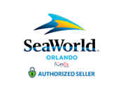 The image features the logo of SeaWorld Orlando, with stylized aquatic blue and yellow wave designs above the word SeaWorld, followed by Orlando written underneath. Below the logo, a badge indicates that the website is an authorized seller. The design elements suggest a marine theme consistent with the SeaWorld brand.