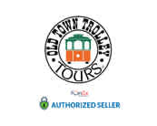 The image features two logos. The upper logo is for Old Town Trolley Tours, depicting a circular emblem with a vintage green and orange trolley inside. Below it, the words 'Old Town Trolley Tours' are arched over the trolley. The lower logo states 'Authorized Seller' beneath a green globe with a white check mark, indicating an endorsement from Old Town Trolley Tours. Both logos signify partnership and authenticity.