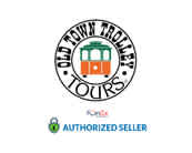 The image features a logo for Old Town Trolley Tours, depicting a circular badge with a green and orange trolley illustration, surrounded by the tour company’s name. Below is a smaller logo indicating ‘Authorized Seller’ with an accompanying emblem of a checkmark.