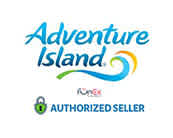 Logo of "Adventure Island" with a blue swirl, alongside "AUTHORIZED SELLER" with a checkmark.