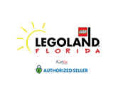 Logo of LEGOLAND Florida featuring a stylized sun in yellow, the LEGO logo in red and white, and the text 'LEGOLAND' in large, bold black letters with 'FLORIDA' underneath. Below is a green banner stating 'Authorized Seller'.