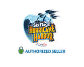 This image displays the logo for Six Flags Hurricane Harbor, which has a blue background with splashes of water, giving the impression of a fun and exciting water park. The logo features bold, white lettering with a slight arch, spelling out "Hurricane Harbor." Above the text, there is an image of a palm tree that appears to be bending due to strong winds, suggesting an adventurous tropical storm theme. In the bottom right corner, there is a badge with a green check mark stating "AUTHORIZED SELLER." This seal indicates that the entity presenting the logo is an official retailer for tickets to the water park.

Shop with us at FunEx.com for the thrill of Hurricane Harbor experiences at the lowest prices guaranteed as we are proud to be an authorized seller offering amazing discounts on tickets!